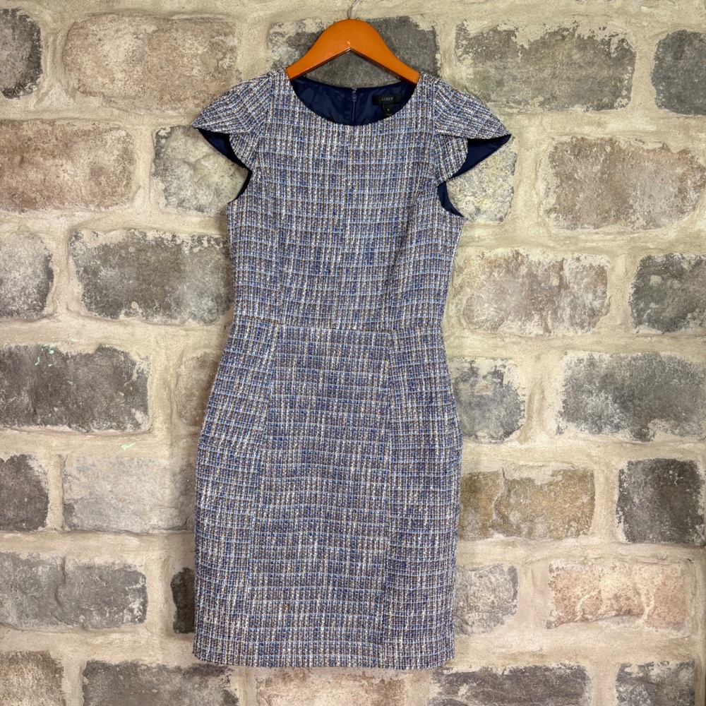 J.Crew Blue Tweed Tulip Sleeve Sheath Dress Size 0 Workwear Business Office